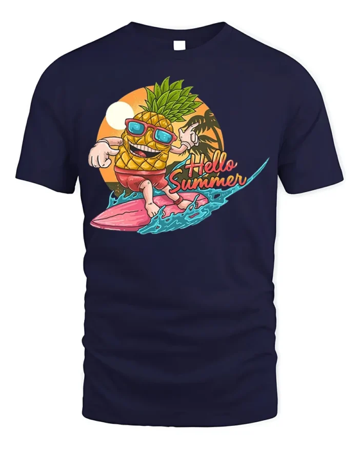 Hello Summer Pineapple T-Shirt with Surf Cartoon Design - navy t-shirt on white background
