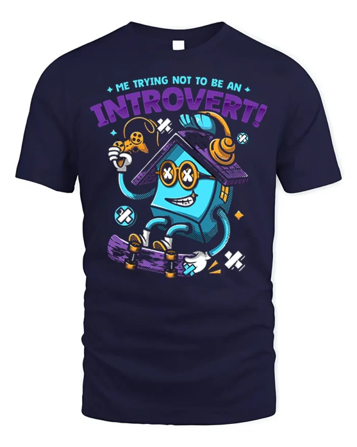 Funny Introvert T-Shirt Quirky Gamer Skater Cartoon - navy t-shirt on white background