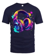 Colorful Headphones T-Shirt Neon Music Vibe Graphic - navy t-shirt on white background