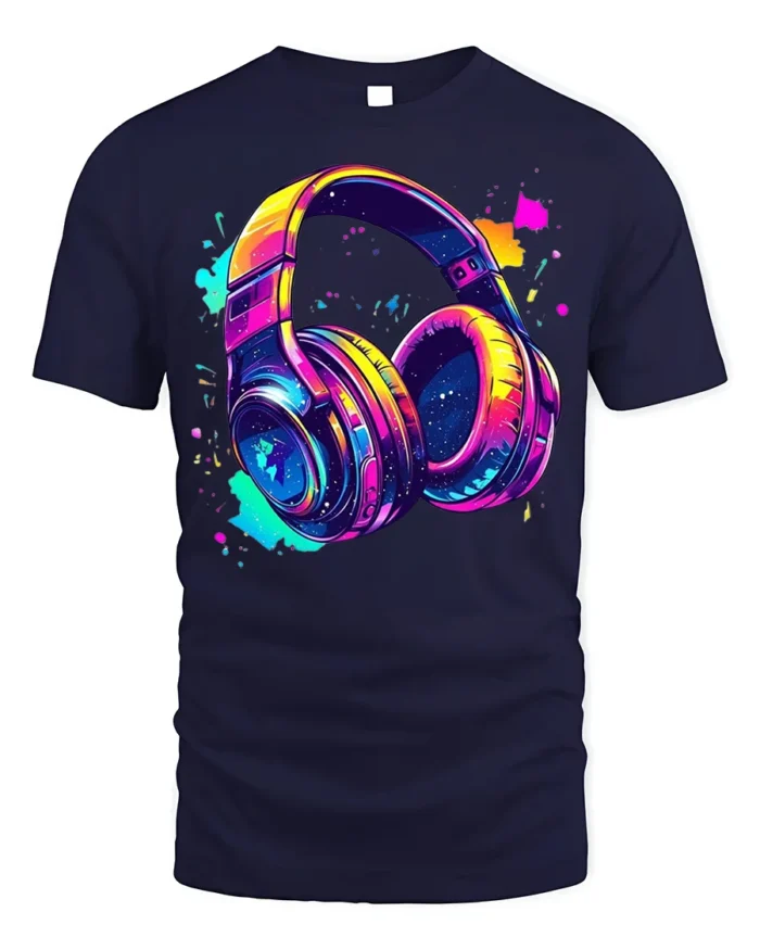 Colorful Headphones T-Shirt Neon Music Vibe Graphic - navy t-shirt on white background
