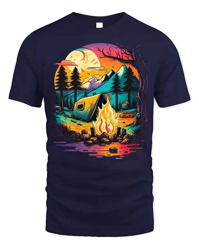 Sunset Camping T-Shirt Colorful Campfire Forest Scene - navy t-shirt on white background