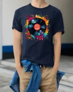 Music Is My Therapy T-Shirt Color Splash Vinyl Design - model wearing navy shirt, hands in pockets