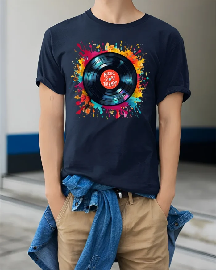 Music Is My Therapy T-Shirt Color Splash Vinyl Design - model wearing navy shirt, hands in pockets