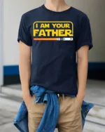 I Am Your Father Funny Sci-Fi T-Shirt for Star Fans - model wearing navy shirt, hands in pockets