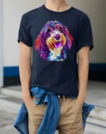 Colorful Dog Art T-Shirt for Dog Lovers and Pet Owners - model wearing navy shirt, hands in pockets