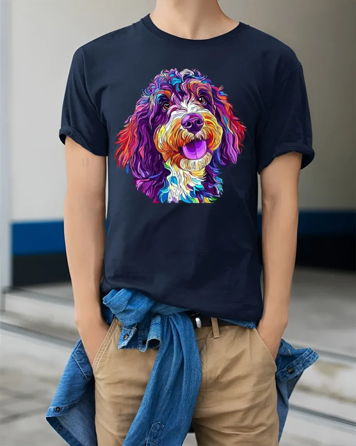 Colorful Dog Art T-Shirt for Dog Lovers and Pet Owners - model wearing navy shirt, hands in pockets