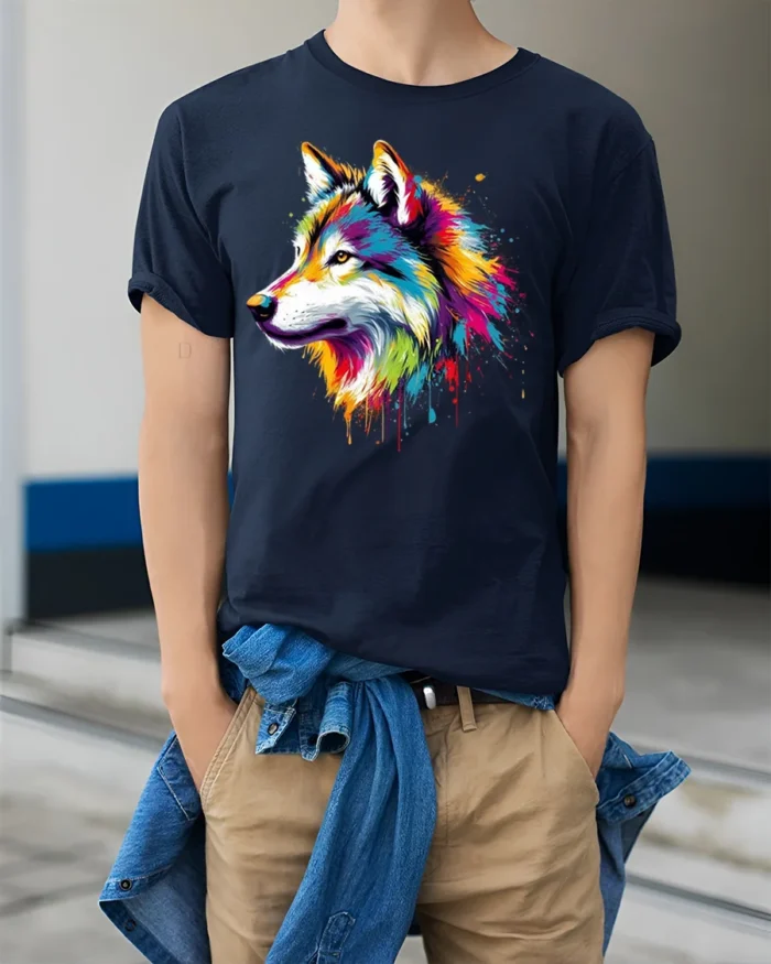 Colorful Wolf T-Shirt with Artistic Tribal Style Design - model wearing navy shirt, hands in pockets