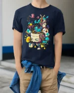 Surreal Art Explosion T-Shirt with Abstract Dream Design - model wearing navy shirt, hands in pockets