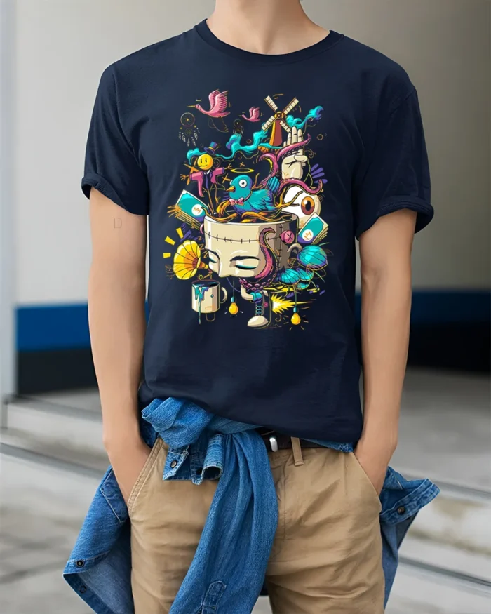 Surreal Art Explosion T-Shirt with Abstract Dream Design - model wearing navy shirt, hands in pockets