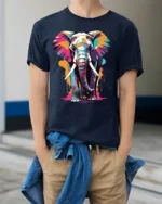 Colorful Elephant T-Shirt with Artistic Wildlife Design - model wearing navy shirt, hands in pockets