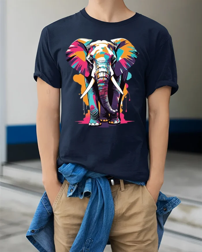 Colorful Elephant T-Shirt with Artistic Wildlife Design - model wearing navy shirt, hands in pockets