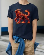 Fiery Fire Cat T-Shirt with Mythical Beast Flame Design - model wearing navy shirt, hands in pockets
