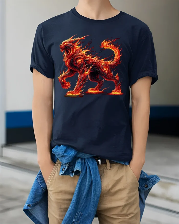 Fiery Fire Cat T-Shirt with Mythical Beast Flame Design - model wearing navy shirt, hands in pockets