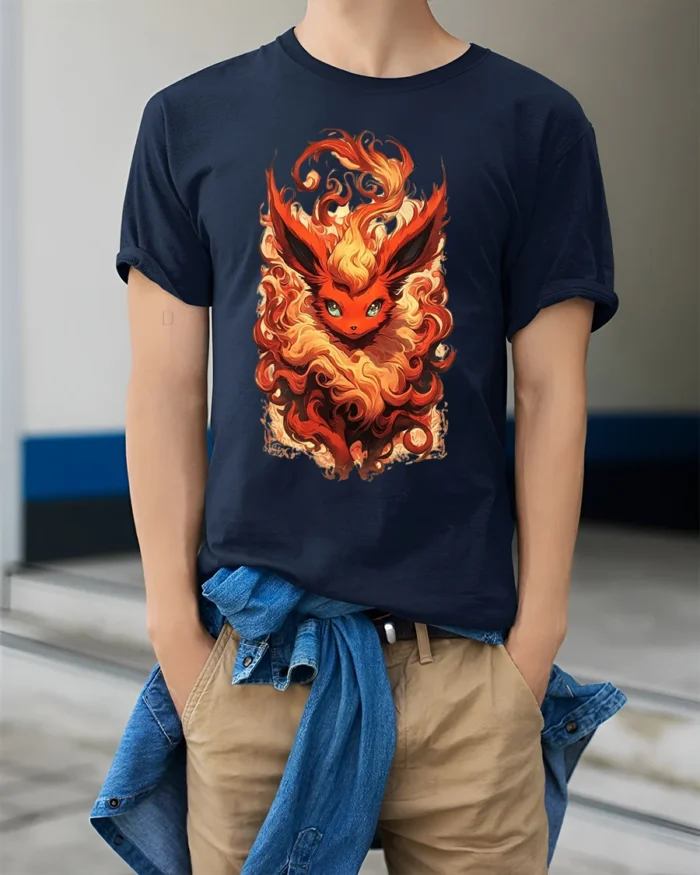 Flame Fox T-Shirt with Fiery Fantasy Creature Artwork - model wearing navy shirt, hands in pockets