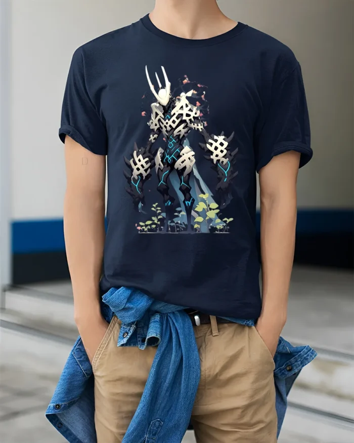 Cyber Skeleton Warrior T-Shirt with Sci-Fi Battle Design - model wearing navy shirt, hands in pockets