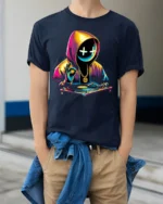 Neon DJ Hoodie Mask T-Shirt Urban Streetwear Vibe - model wearing navy shirt, hands in pockets