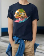 Hello Summer Pineapple T-Shirt with Surf Cartoon Design - model wearing navy shirt, hands in pockets