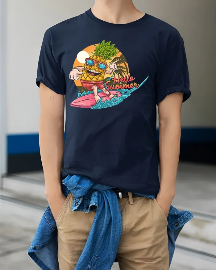 Hello Summer Pineapple T-Shirt with Surf Cartoon Design - model wearing navy shirt, hands in pockets