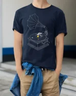 Astronaut Turntable Solar System T-Shirt Space Music - model wearing navy shirt, hands in pockets