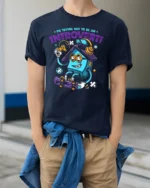 Funny Introvert T-Shirt Quirky Gamer Skater Cartoon - model wearing navy shirt, hands in pockets