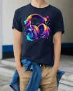 Colorful Headphones T-Shirt Neon Music Vibe Graphic - model wearing navy shirt, hands in pockets