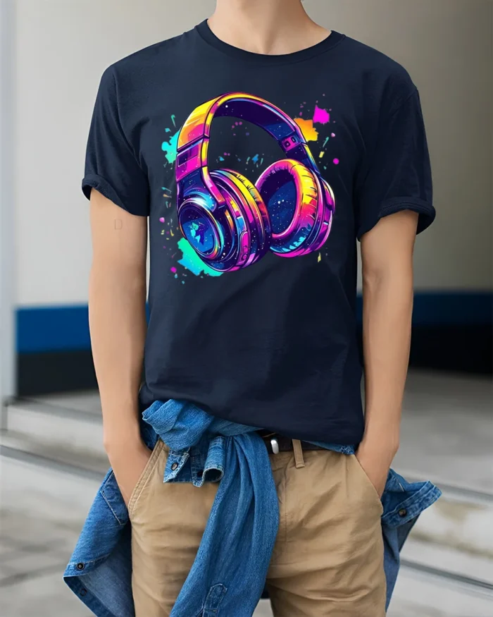 Colorful Headphones T-Shirt Neon Music Vibe Graphic - model wearing navy shirt, hands in pockets