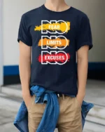 No Fear No Limits No Excuses T-Shirt Motivational - model wearing navy shirt, hands in pockets