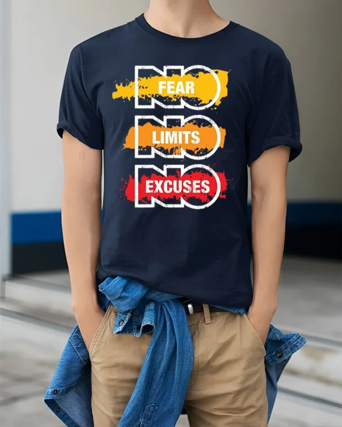 No Fear No Limits No Excuses T-Shirt Motivational - model wearing navy shirt, hands in pockets
