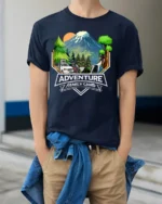 Adventure Family Camp T-Shirt Mountain Camping - model wearing navy shirt, hands in pockets