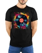 Music Is My Therapy T-Shirt Color Splash Vinyl Design - model wearing black shirt, hands behind back