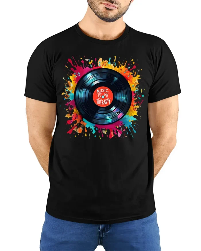 Music Is My Therapy T-Shirt Color Splash Vinyl Design - model wearing black shirt, hands behind back
