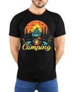 Vintage Camping T-Shirt Tent Fire Forest Mountain Sunset - model wearing black shirt, hands behind back