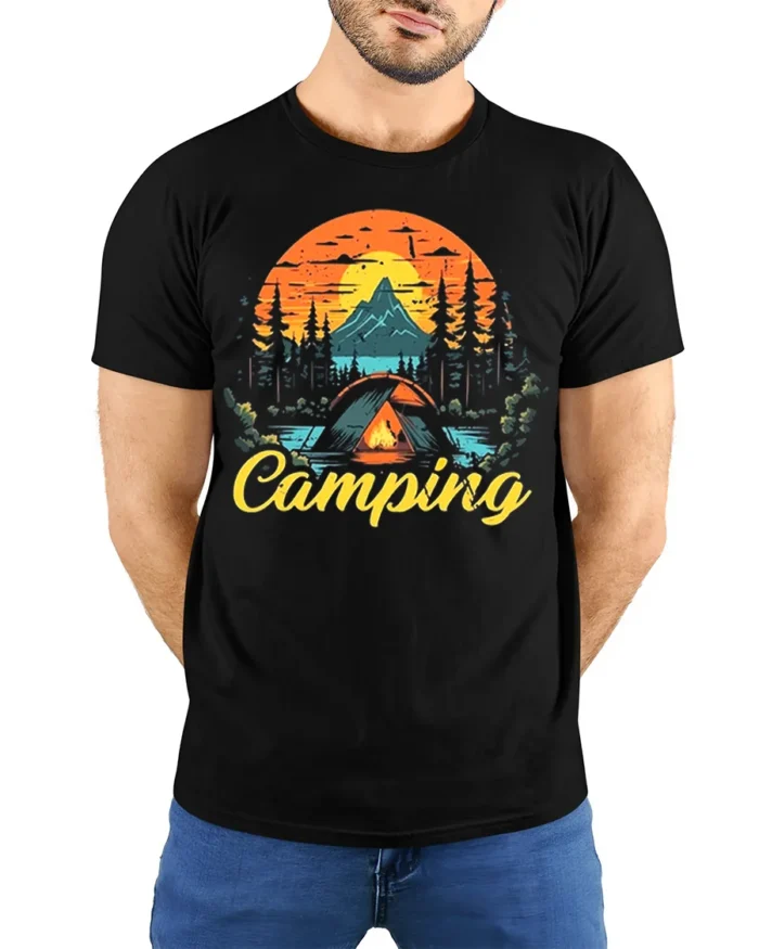 Vintage Camping T-Shirt Tent Fire Forest Mountain Sunset - model wearing black shirt, hands behind back