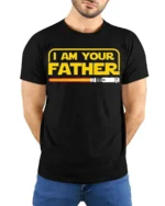 I Am Your Father Funny Sci-Fi T-Shirt for Star Fans - model wearing black shirt, hands behind back