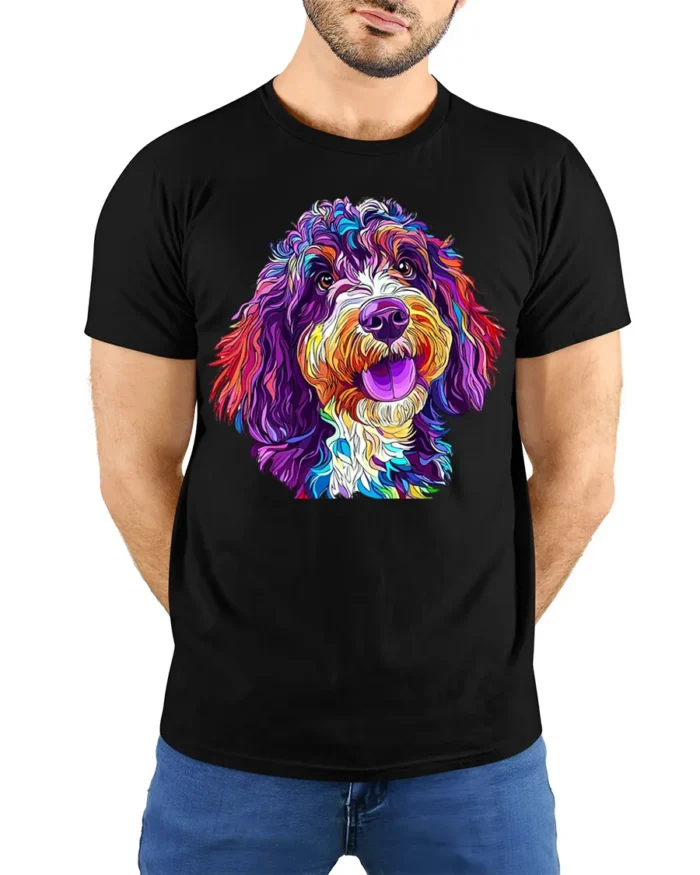 Colorful Dog Art T-Shirt for Dog Lovers and Pet Owners - model wearing black shirt, hands behind back