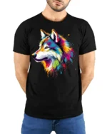 Colorful Wolf T-Shirt with Artistic Tribal Style Design - model wearing black shirt, hands behind back