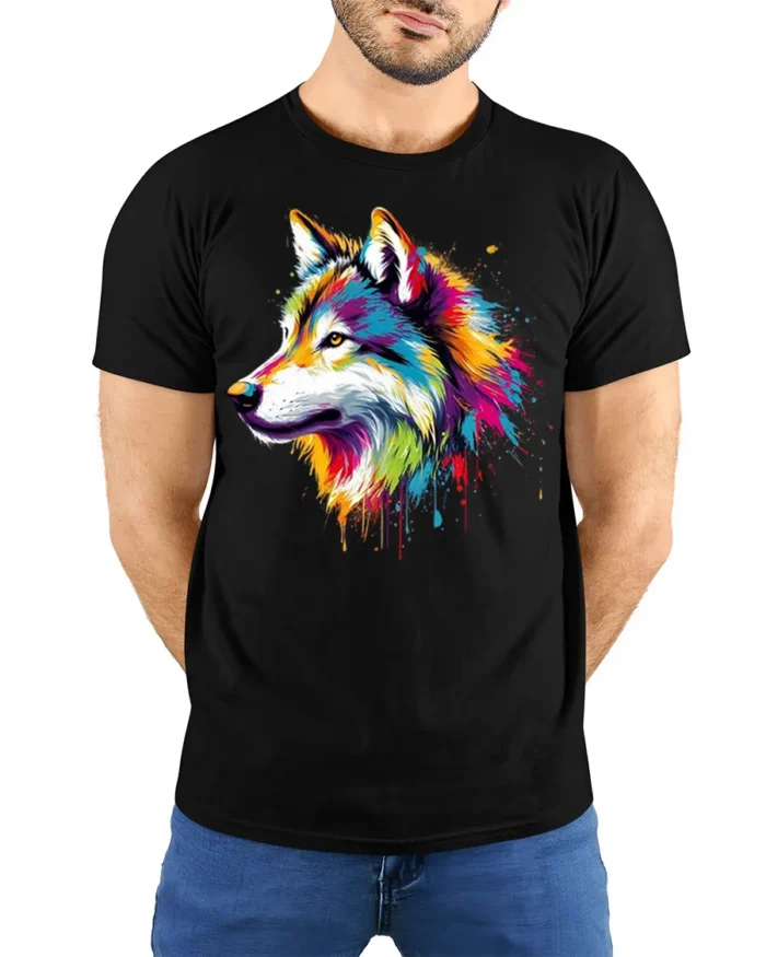 Colorful Wolf T-Shirt with Artistic Tribal Style Design - model wearing black shirt, hands behind back