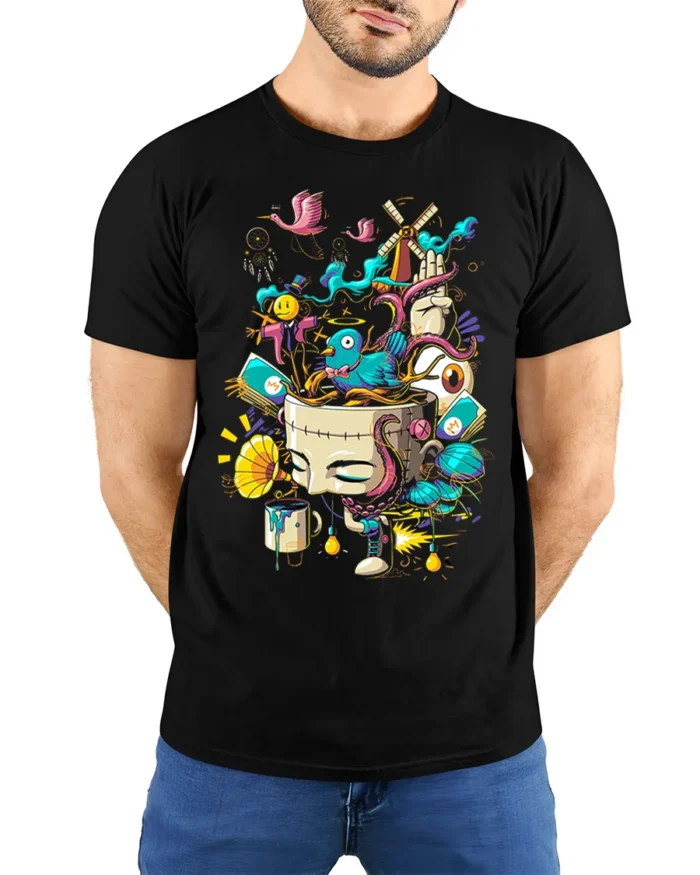 Surreal Art Explosion T-Shirt with Abstract Dream Design - model wearing black shirt, hands behind back