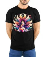 Colorful Nine Tailed Fox T-Shirt with Fantasy Art Design - model wearing black shirt, hands behind back