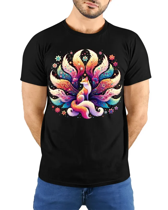 Colorful Nine Tailed Fox T-Shirt with Fantasy Art Design - model wearing black shirt, hands behind back