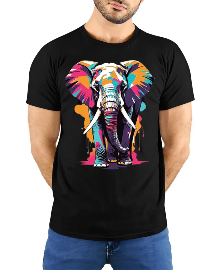 Colorful Elephant T-Shirt with Artistic Wildlife Design - model wearing black shirt, hands behind back