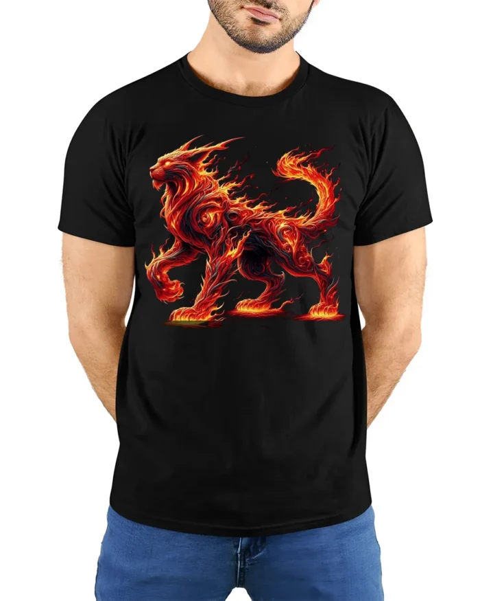 Fiery Fire Cat T-Shirt with Mythical Beast Flame Design - model wearing black shirt, hands behind back