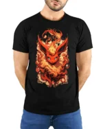 Flame Fox T-Shirt with Fiery Fantasy Creature Artwork - model wearing black shirt, hands behind back