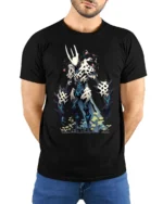 Cyber Skeleton Warrior T-Shirt with Sci-Fi Battle Design - model wearing black shirt, hands behind back