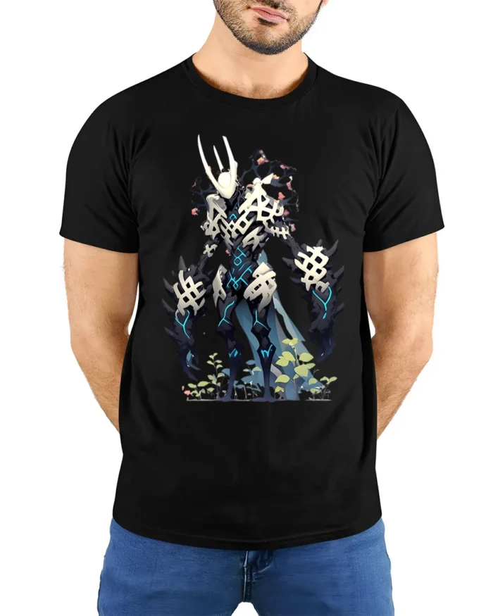 Cyber Skeleton Warrior T-Shirt with Sci-Fi Battle Design - model wearing black shirt, hands behind back