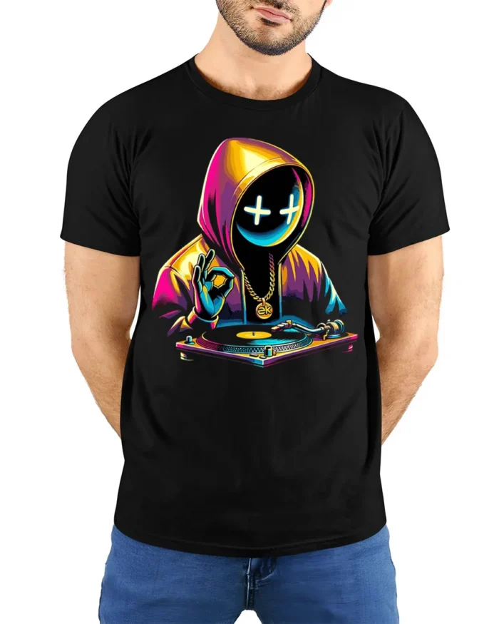 Neon DJ Hoodie Mask T-Shirt Urban Streetwear Vibe - model wearing black shirt, hands behind back