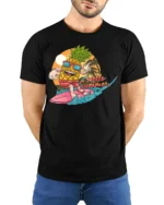 Hello Summer Pineapple T-Shirt with Surf Cartoon Design - model wearing black shirt, hands behind back