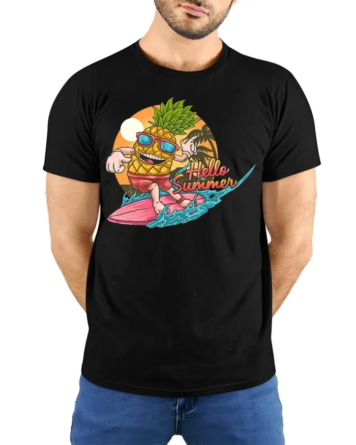 Hello Summer Pineapple T-Shirt with Surf Cartoon Design - model wearing black shirt, hands behind back