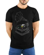 Astronaut Turntable Solar System T-Shirt Space Music - model wearing black shirt, hands behind back