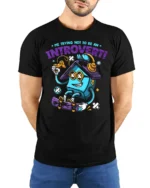 Funny Introvert T-Shirt Quirky Gamer Skater Cartoon - model wearing black shirt, hands behind back